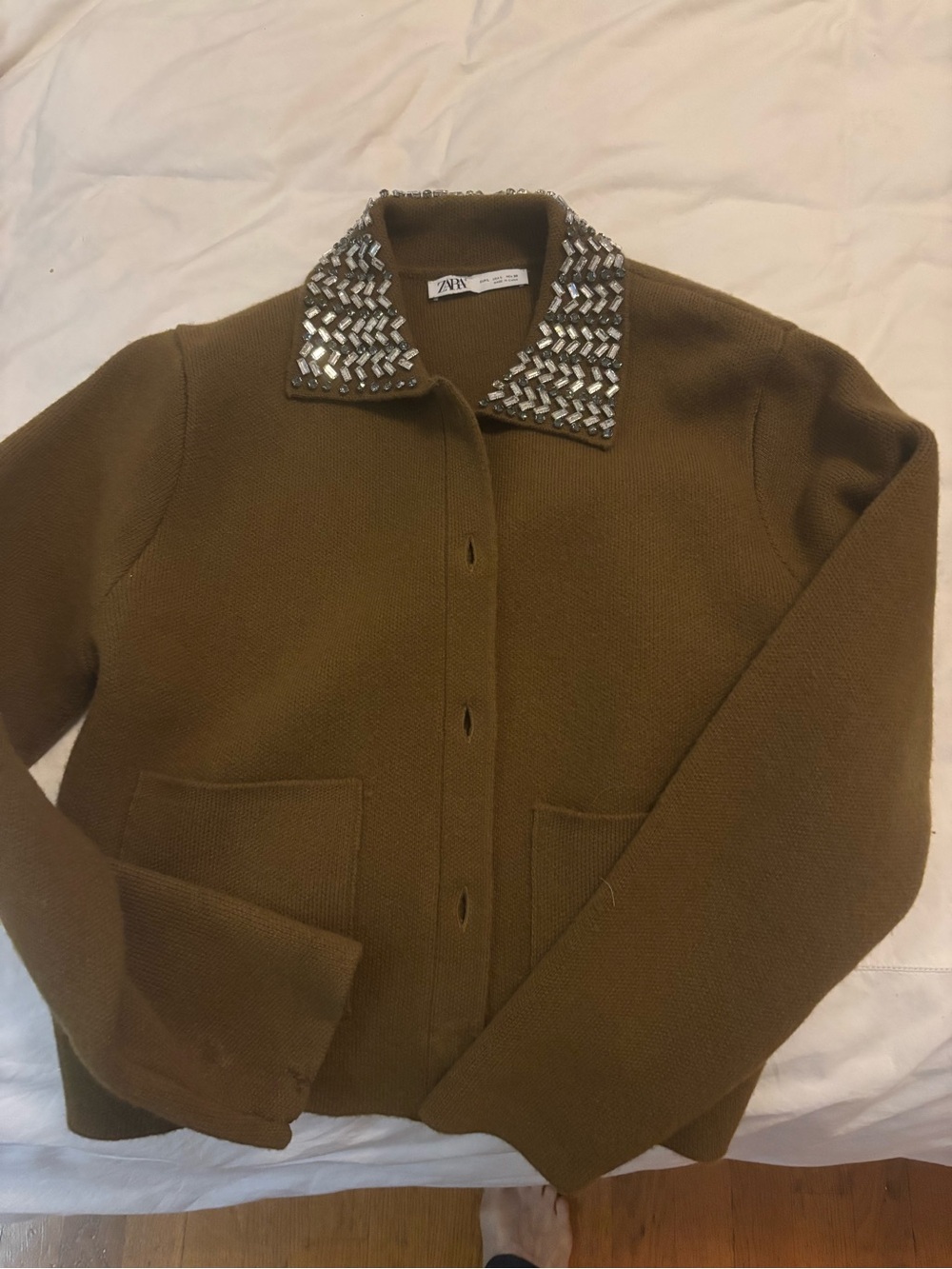 Zara Olive Green Knit Jacket with Silver Jeweled Collar